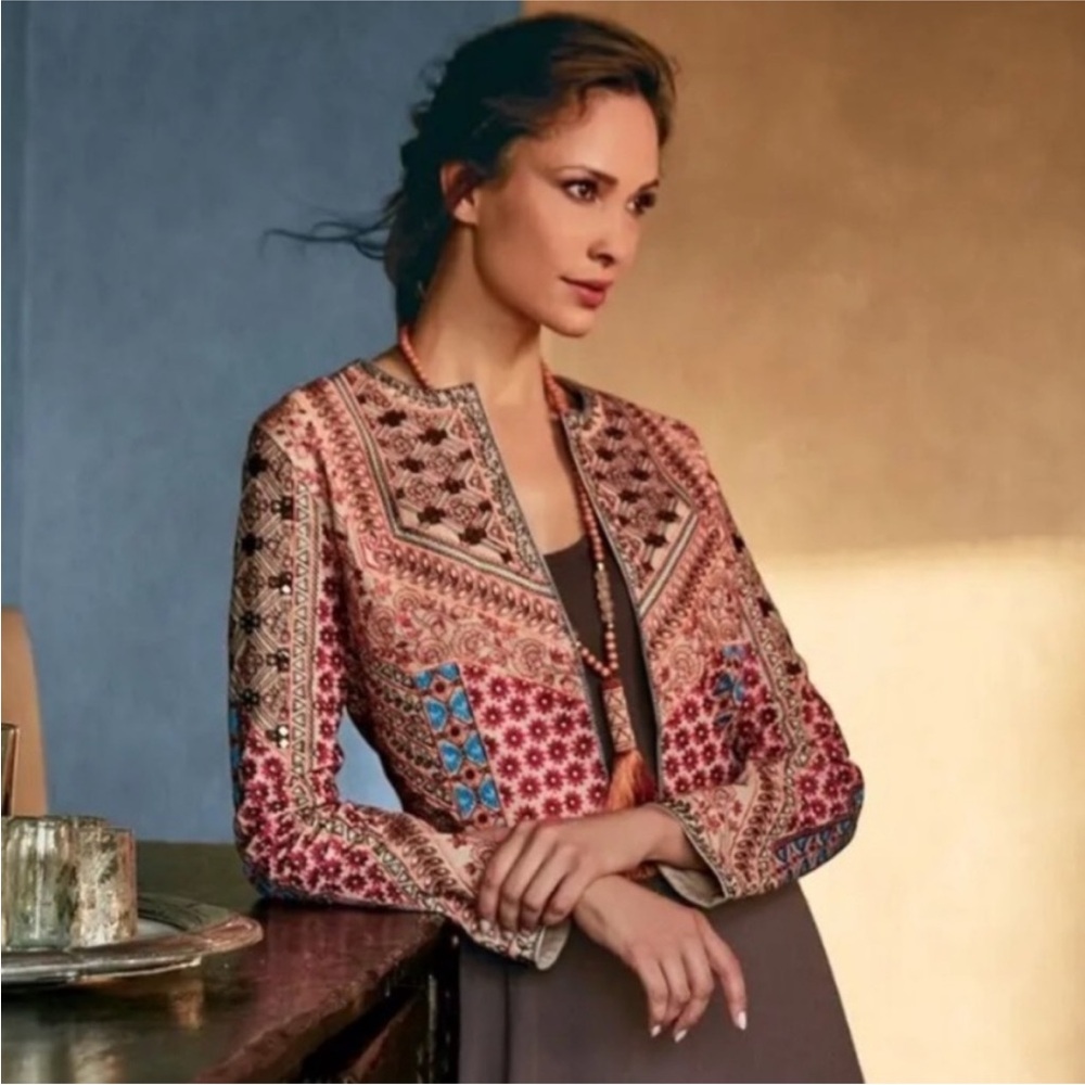 Soft Surroundings Livia Floral Embroidered Open Front Mirrored Bolero Jacket